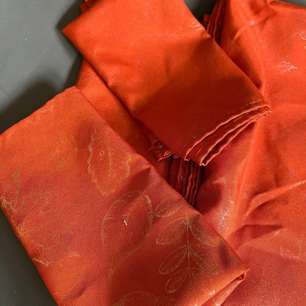 Vintage Orange Jacquard Fabric Tablecloth & Napkins Set With Subtle Botanical Pa - Picture 3 of 5